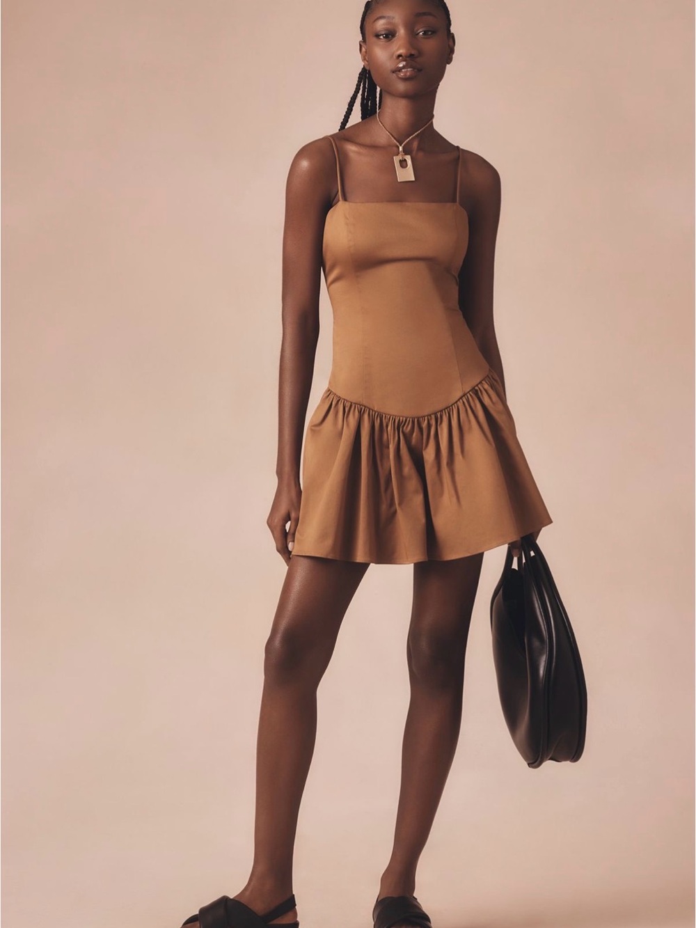 Anthropologie Tan Spaghetti-Strap Ruffle-Hem Mini Dress. Never been worn no tags